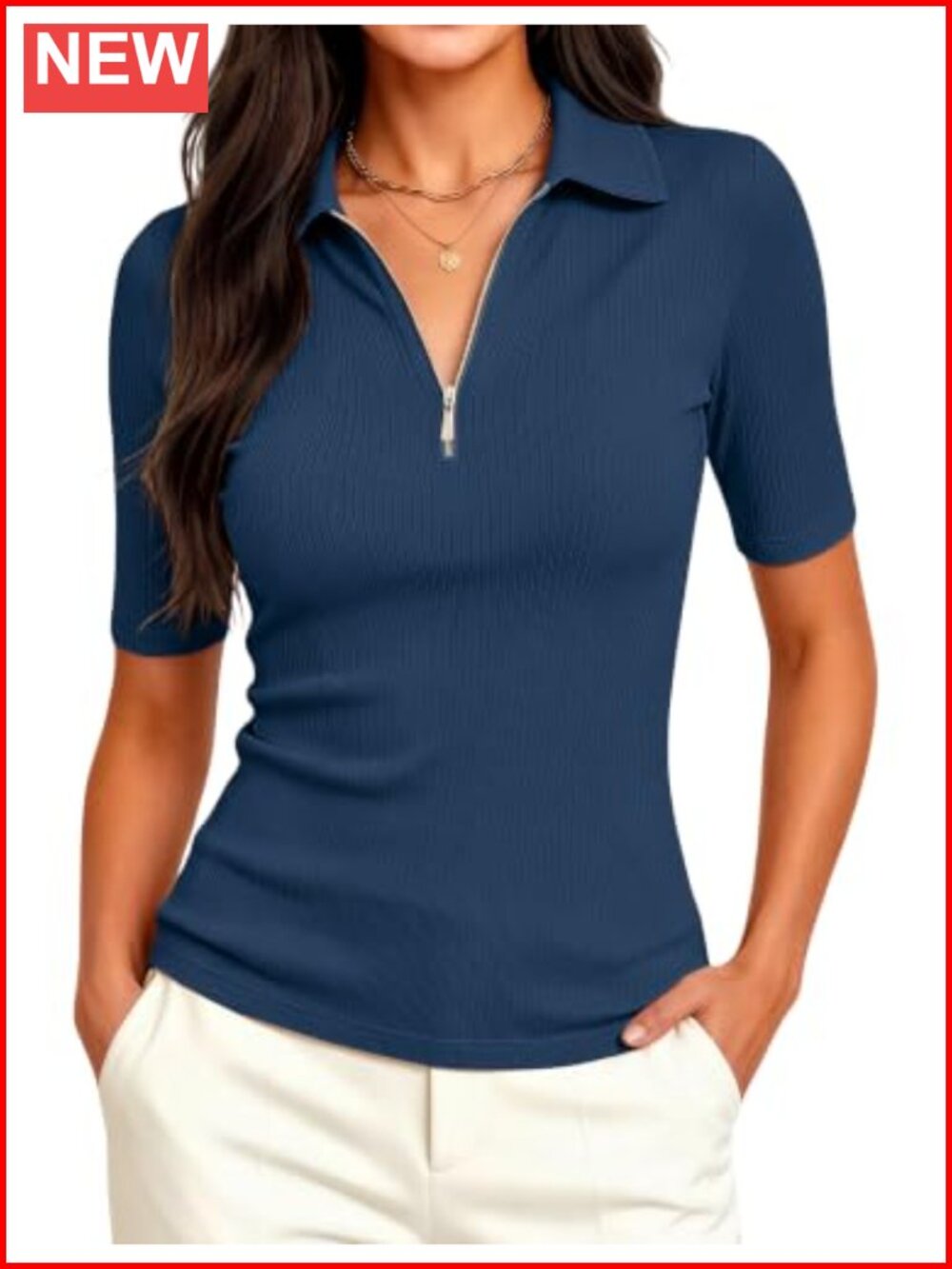 Women's Half Zip Ribbed Polo Blouse Slim Fit Business Casual Work Top